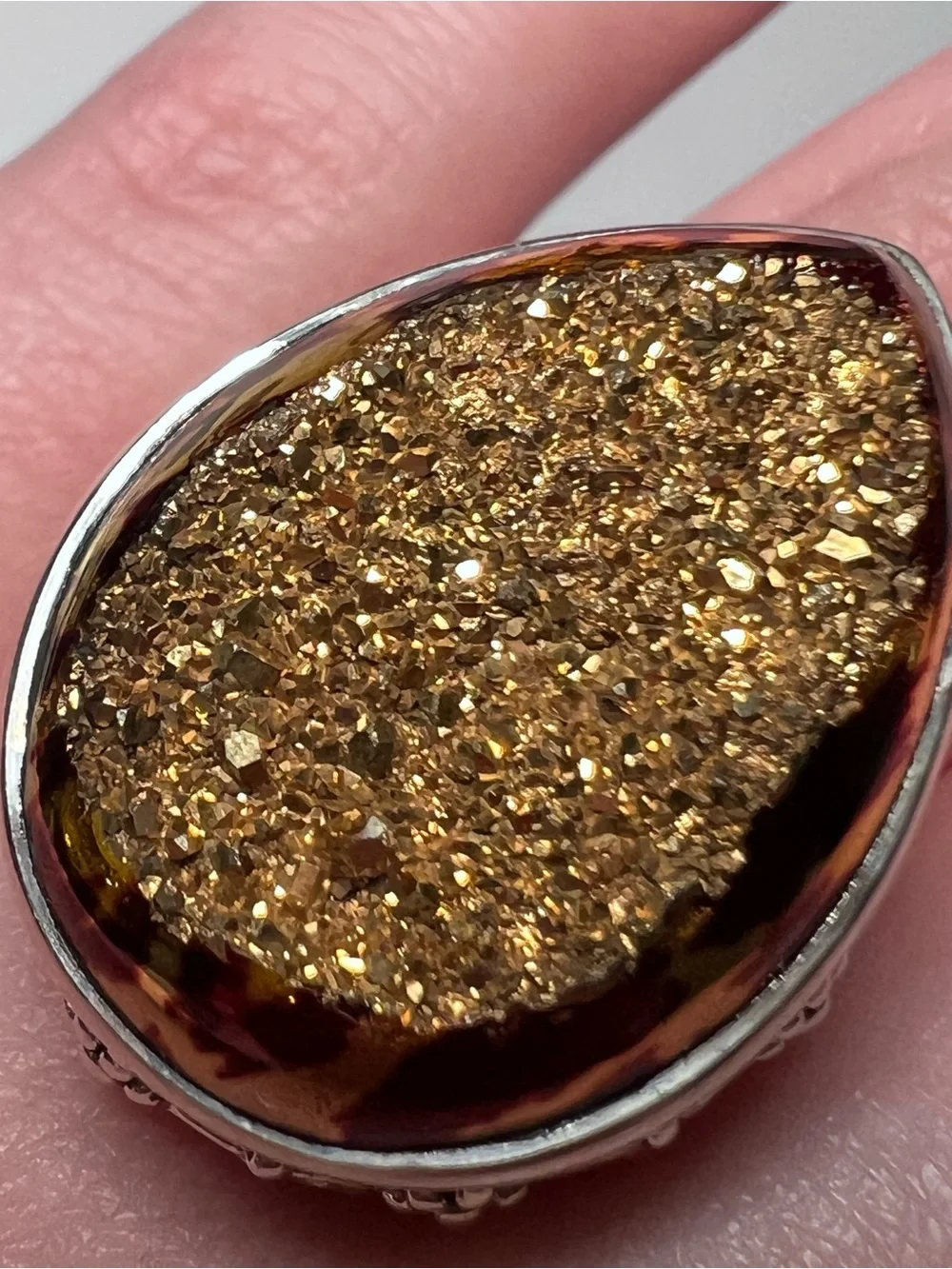 Sajen 925 Sterling Silver Gold Druzy Teardrop Bezel Cocktail Ring Size 6